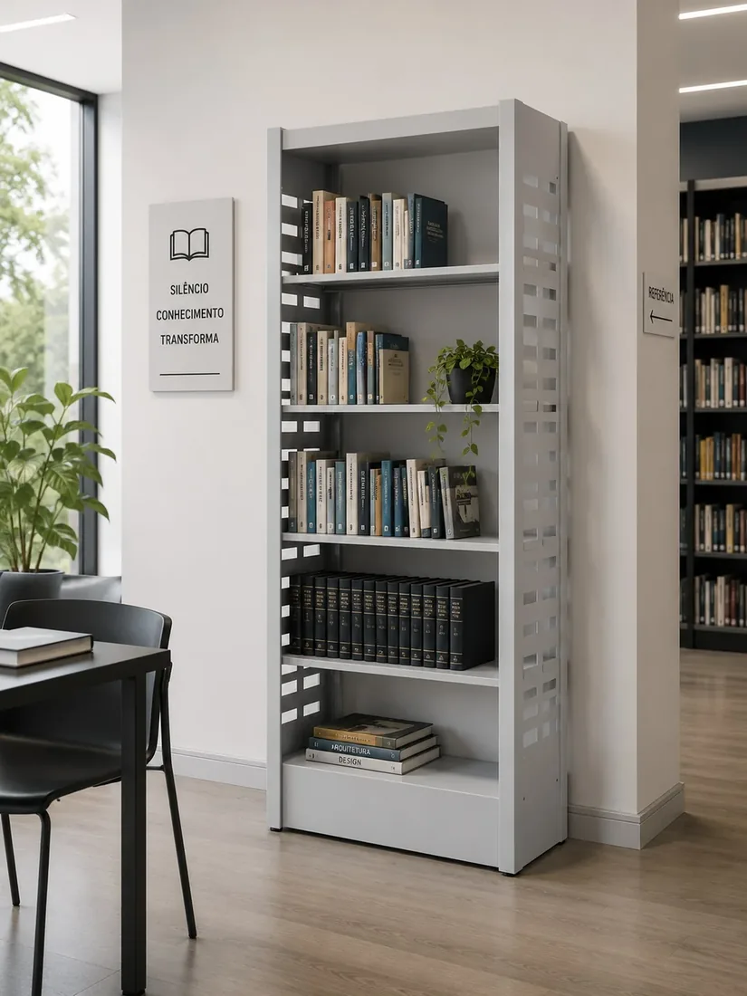 Estante biblioteca de aço com livros e pastas