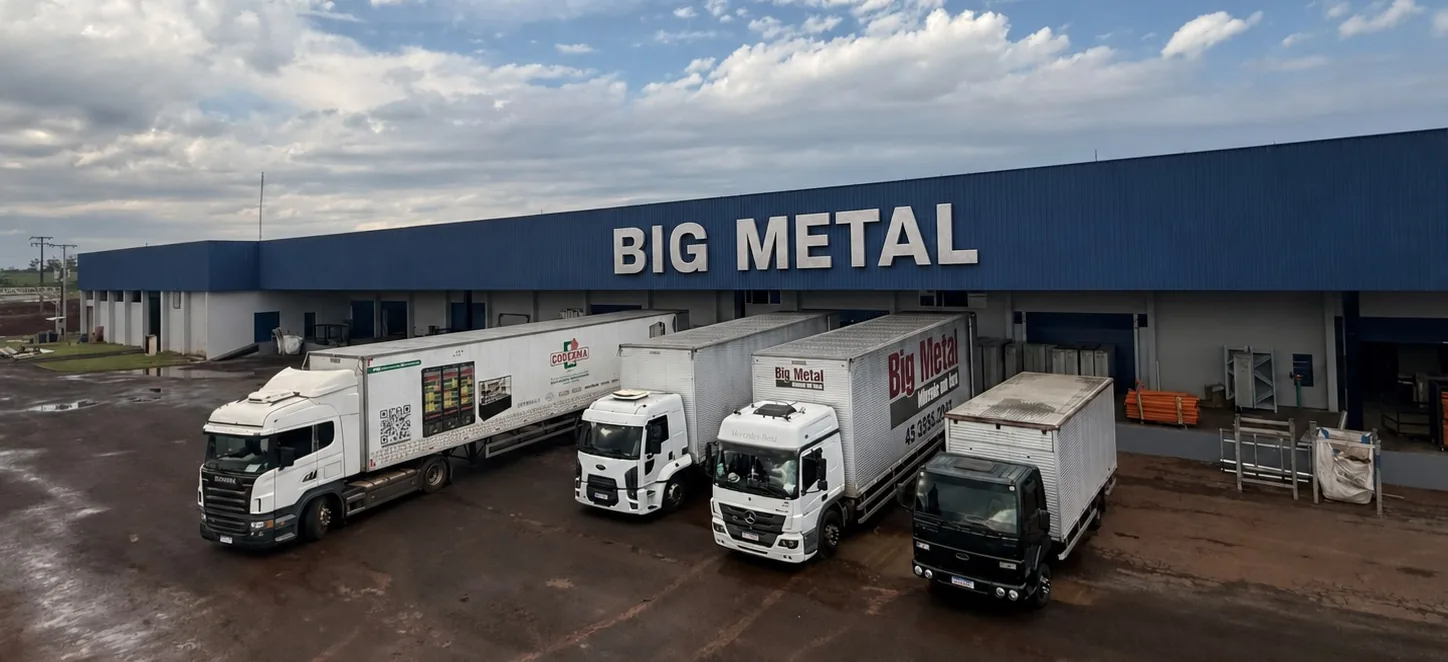 Fábrica da Big Metal em Itaipulândia, com a frota de caminhões na expedição